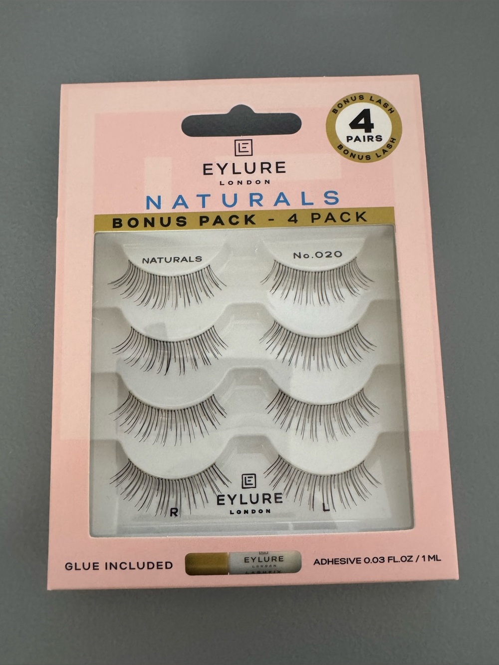 Eylure Naturals No.020 False Eyelashes - 4 Pack (Black) with glue included